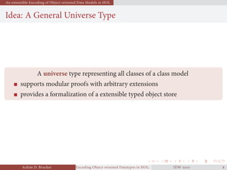 An extensible Encoding of Object-oriented Data Models in HOL
Idea: A General Universe Type
A universe type representing all classes of a class model
supports modular proofs with arbitrary extensions
provides a formalization of a extensible typed object store
Achim D. Brucker Encoding Object-oriented Datatypes in HOL: Extensible Records RevisitedIDW  
 