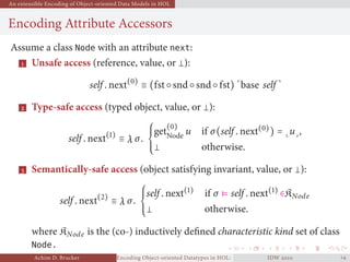 An extensible Encoding of Object-oriented Data Models in HOL
Encoding Attribute Accessors
Assume a class Node with an attribute next:
 Unsafe access (reference, value, or ):
self . next()
≡ (fst○snd○snd○fst) ⌜base self ⌝
 Type-safe access (typed object, value, or ):
self . next()
≡ λ σ.
⎧⎪⎪
⎨
⎪⎪⎩
get
()
Node u if σ(self . next()
) = ⌞u⌟,
otherwise.
 Semantically-safe access (object satisfying invariant, value, or ):
self . next()
≡ λ σ.
⎧⎪⎪
⎨
⎪⎪⎩
self . next()
if σ ⊧ self . next()
∈KNode
otherwise.
where KNode is the (co-) inductively deﬁned characteristic kind set of class
Node.
Achim D. Brucker Encoding Object-oriented Datatypes in HOL: Extensible Records RevisitedIDW  
 