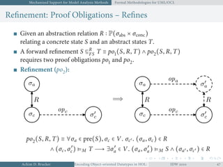 Mechanized Support for Model Analysis Methods Formal Methodologies for UML/OCL
Reﬁnement: Proof Obligations – Reﬁnes
Given an abstraction relation R P(σabs × σconc)
relating a concrete state S and an abstract states T.
A forward reﬁnement S ⊑R
FS T ≡ po(S, R, T) ∧ po(S, R, T)
requires two proof obligations po and po.
Reﬁnement (po):
σa
σc σc
R
opc
=⇒
σa
σc σc
σa
R R
opa
opc
po(S, R, T) ≡ ∀σa ∈ pre(S), σc ∈ V. σc′ . (σa, σc) ∈ R
∧ (σc, σ′
c) ⊧M T → ∃σ′
a ∈ V. (σa, σ′
a) ⊧M S ∧ (σa′ , σc′ ) ∈ R
Achim D. Brucker Encoding Object-oriented Datatypes in HOL: Extensible Records RevisitedIDW  
 