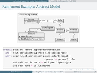 Mechanized Support for Model Analysis Methods Formal Methodologies for UML/OCL
Reﬁnement Example: Abstract Model
Role
Hearer
Speaker
CoChair
Chair
Person
name:String
Session
name:String
findRole(p:Person):Role
Participant
AbstractSimpleChair
Person
name:String
Role
Participant
Hearer CoChair
ChairSpeaker
Session
name:String
findRole(p:Person):Role
person
0..*
role
0..*
0..*
session0..1
context Session::findRole(person:Person):Role
pre: self.participates.person->includes(person)
post: result=self.participants->one(p:Participant |
p.person ≐ person ).role
and self.participants ≐ self.participants@pre
and self.name ≐ self.name@pre
Achim D. Brucker Encoding Object-oriented Datatypes in HOL: Extensible Records RevisitedIDW  
 