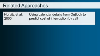 Related Approaches 
Horvitz et al. 
2005 
Using calendar details from Outlook to 
predict cost of interruption by call 
 