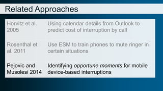 Related Approaches 
Horvitz et al. 
2005 
Using calendar details from Outlook to 
predict cost of interruption by call 
Ro...