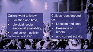 Callers want to know: 
 Location and time, 
 physical, social, 
emotional availability, 
 and current activity. 
De Guz...