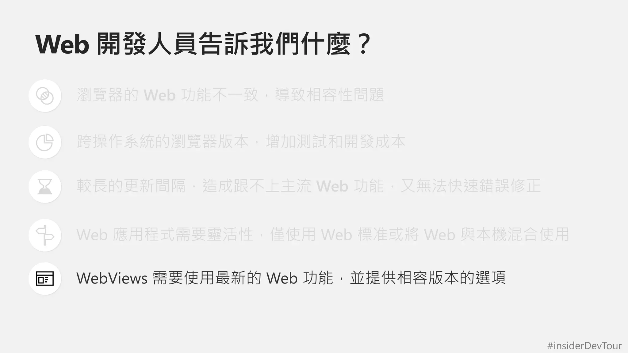 #insiderDevTour
瀏覽器的 Web 功能不一致，導致相容性問題
跨操作系統的瀏覽器版本，增加測試和開發成本
較長的更新間隔，造成跟不上主流 Web 功能，又無法快速錯誤修正
Web 應用程式需要靈活性，僅使用 Web 標准或將 Web 與本機混合使用
WebViews 需要使用最新的 Web 功能，並提供相容版本的選項
Web 開發人員告訴我們什麼？
 