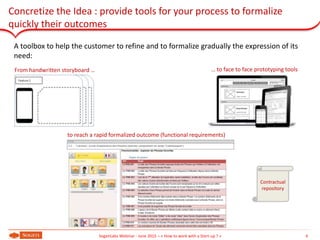 Concretize the Idea : provide tools for your process to formalize
quickly their outcomes
6SogetiLabs Webinar - June 2015 – « How to work with a Start-up ? »
A toolbox to help the customer to refine and to formalize gradually the expression of its
need:
From handwritten storyboard … … to face to face prototyping tools
to reach a rapid formalized outcome (functional requirements)
Contractual
repository
 