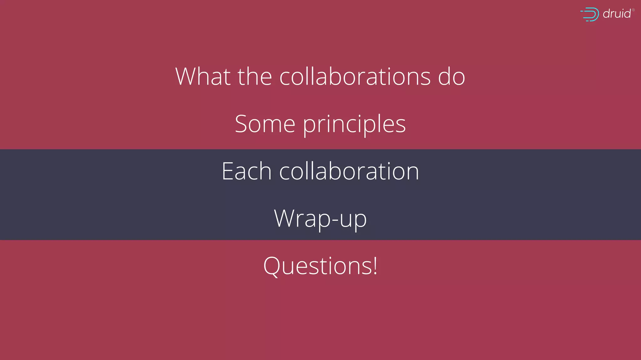 What the collaborations do
Some principles
Each collaboration
Wrap-up
Questions!
 
