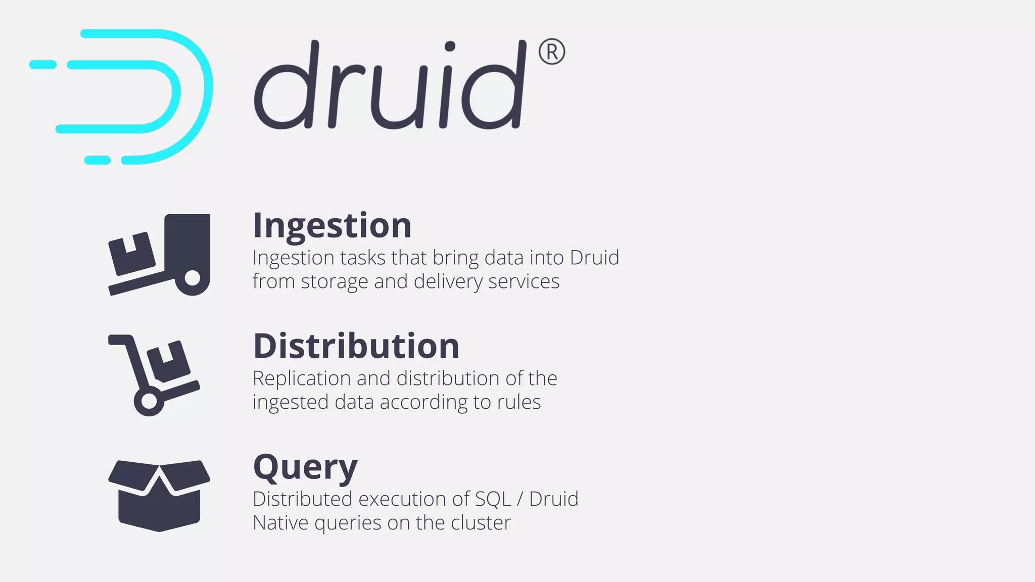 Query
Distributed execution of SQL / Druid
Native queries on the cluster
Ingestion
Ingestion tasks that bring data into Druid
from storage and delivery services
Distribution
Replication and distribution of the
ingested data according to rules
 