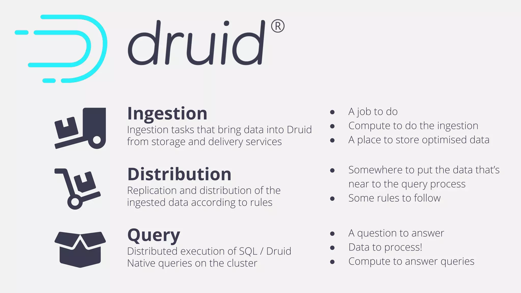 ● A job to do
● Compute to do the ingestion
● A place to store optimised data
● A question to answer
● Data to process!
● Compute to answer queries
● Somewhere to put the data that’s
near to the query process
● Some rules to follow
Query
Distributed execution of SQL / Druid
Native queries on the cluster
Ingestion
Ingestion tasks that bring data into Druid
from storage and delivery services
Distribution
Replication and distribution of the
ingested data according to rules
 