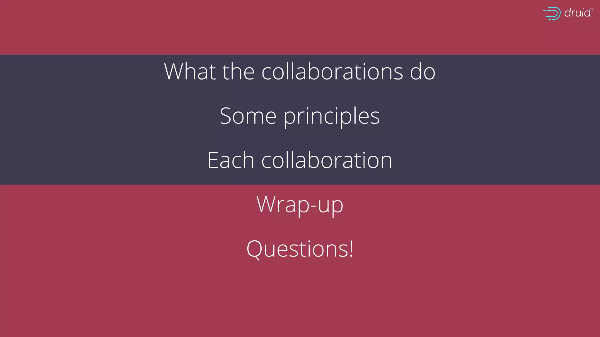 What the collaborations do
Some principles
Each collaboration
Wrap-up
Questions!
 