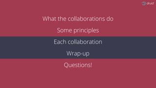 What the collaborations do
Some principles
Each collaboration
Wrap-up
Questions!
 