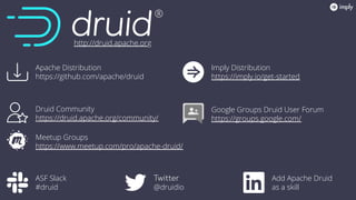 http://druid.apache.org
Imply Distribution
https://imply.io/get-started
@druidio
Add Apache Druid
as a skill
Apache Distribution
https://github.com/apache/druid
ASF Slack
#druid
Druid Community
https://druid.apache.org/community/
Meetup Groups
https://www.meetup.com/pro/apache-druid/
Google Groups Druid User Forum
https://groups.google.com/
 