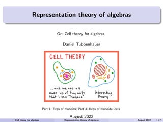 Representation theory of algebras
Or: Cell theory for algebras
Daniel Tubbenhauer
Part 1: Reps of monoids; Part 3: Reps of monoidal cats
August 2022
Cell theory for algebras Representation theory of algebras August 2022 1 / 7
 