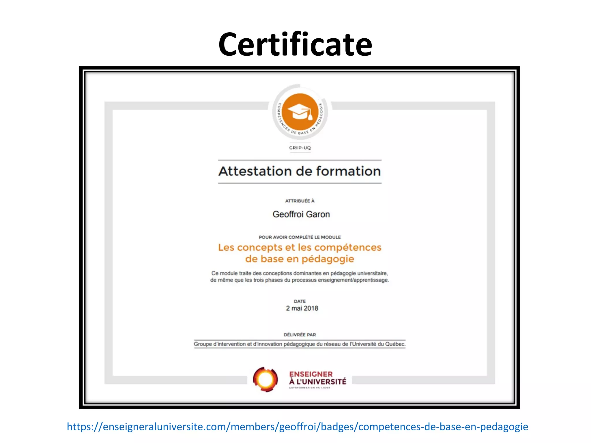 CADRE21 Certificate
https://enseigneraluniversite.com/members/geoffroi/badges/competences-de-base-en-pedagogie
 