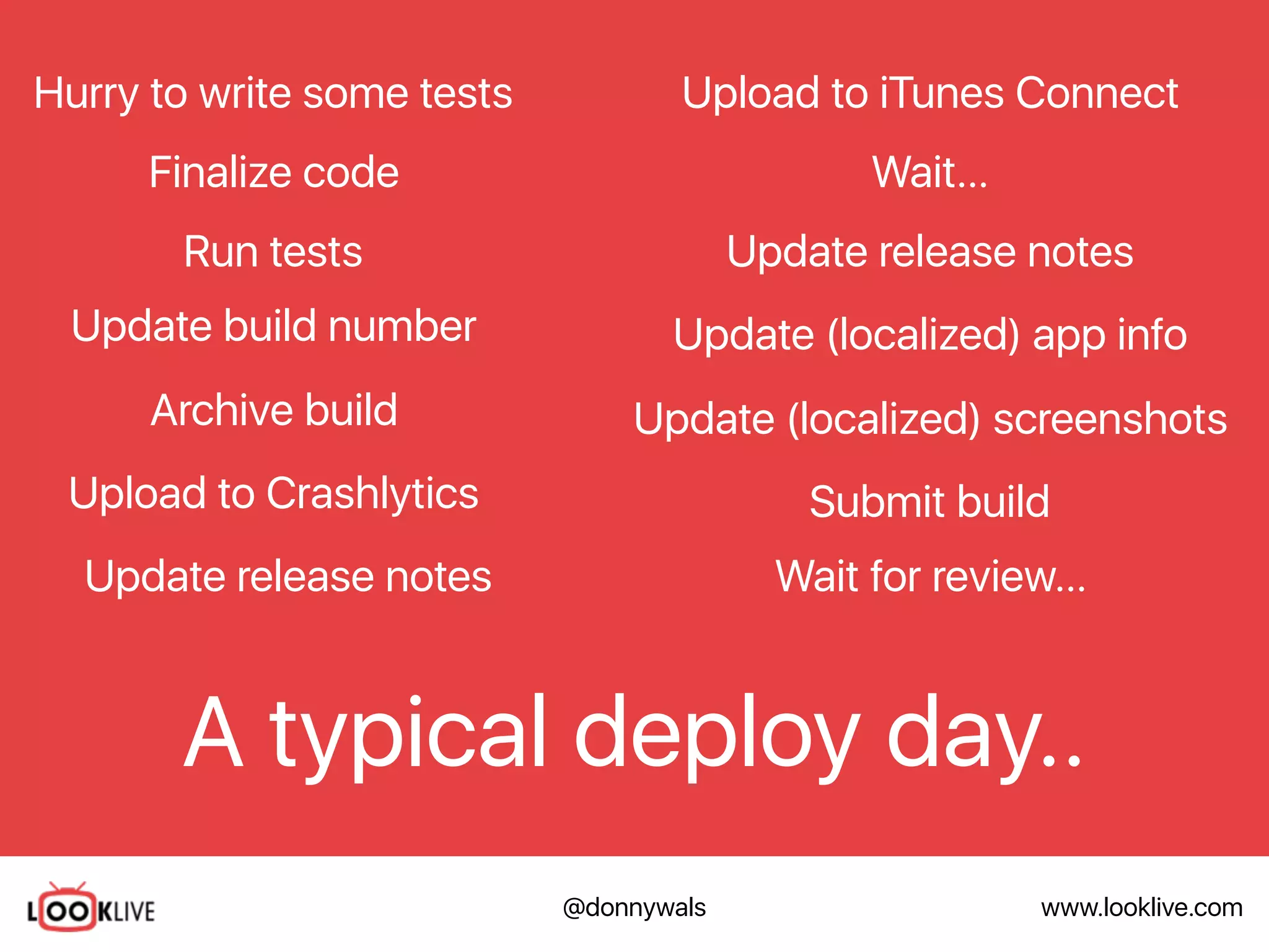 www.looklive.com@donnywals
A typical deploy day..
Finalize code
Hurry to write some tests
Run tests
Upload to Crashlytics
Update release notes
Upload to iTunes Connect
Wait…
Update (localized) app info
Update (localized) screenshots
Submit build
Wait for review…
Archive build
Update build number
Update release notes
 