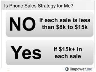 Is Phone Sales Strategy for Me?



     NO        If each sale is less
                 than $8k to $15k




     Yes              If $15k+ in
                       each sale

 3
 