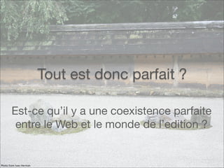 Tout est donc parfait ?
Est-ce qu’il y a une coexistence parfaite
entre le Web et le monde de l’edition ?
Photo from Ivan Herman
 