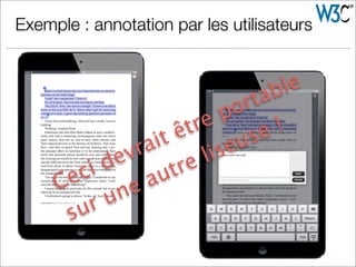 Exemple : annotation par les utilisateurs
Ceci devrait être portable
sur une autre liseuse !
 