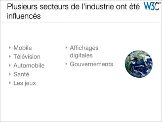 Plusieurs secteurs de l’industrie ont été
inﬂuencés
} Mobile
} Télévision
} Automobile
} Santé
} Les jeux
} Aﬃchages
digitales
} Gouvernements
 