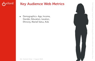 Key Audience Web Metrics 
▪ Demographics- Age, Income, 
Gender, Education, Location, 
Ethnicity, Marital Status, Kids 
GA: Content Sites l August 2014 
http://clipartist.info/openclipart.org/SVG/rejon/person_outline_4-800px.png 
 