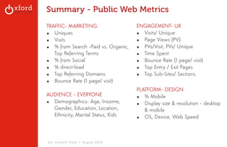 Summary - Public Web Metrics 
TRAFFIC- MARKETING 
▪ Uniques 
▪ Visits 
▪ % from Search -Paid vs. Organic, 
Top Referring Terms 
▪ % from Social 
▪ % direct-load 
▪ Top Referring Domains 
▪ Bounce Rate (1 page/ visit) 
! 
AUDIENCE - EVERYONE 
▪ Demographics- Age, Income, 
Gender, Education, Location, 
Ethnicity, Marital Status, Kids 
GA: Content Sites l August 2014 
ENGAGEMENT- UX 
▪ Visits/ Unique 
▪ Page Views (PV) 
▪ PVs/Visit, PVs/ Unique 
▪ Time Spent 
▪ Bounce Rate (1 page/ visit) 
▪ Top Entry / Exit Pages 
▪ Top Sub-Sites/ Sections 
! 
PLATFORM- DESIGN 
▪ % Mobile 
▪ Display size & resolution - desktop 
& mobile 
▪ OS, Device, Web Speed 
! 
! 
 
