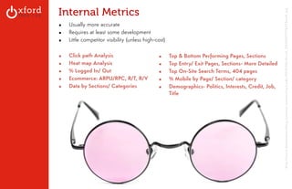 Internal Metrics 
! 
▪ Usually more accurate 
▪ Requires at least some development 
▪ Little competitor visibility (unless high-cost) 
▪ Click path Analysis 
▪ Heat map Analysis 
▪ % Logged In/ Out 
▪ Ecommerce: ARPU/RPC, R/T, R/V 
▪ Data by Sections/ Categories 
GA: Content Sites l August 2014 
▪ Top & Bottom Performing Pages, Sections 
▪ Top Entry/ Exit Pages, Sections- More Detailed 
▪ Top On-Site Search Terms, 404 pages 
▪ % Mobile by Page/ Section/ category 
▪ Demographics- Politics, Interests, Credit, Job, 
Title 
http: //www.damenationblog.com/wp-content/uploads/2012/06/iStock_000019717637Smal l . jpg 
 