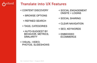 Translate into UX Features 
< CONTENT DISCOVERY 
< BROWSE OPTIONS 
< REFINED SEARCH 
< TAGS, CATEGORIES 
< AUTO-SUGGEST BY 
BEHAVIOR, METRICS, 
SIMILARITY 
< VISUAL- VIDEO, 
PHOTOS, SLIDESHOWS 
GA: Content Sites l August 2014 
< SOCIAL ENGAGEMENT 
ONSITE + LOGINS 
< SOCIAL SHARING 
< CLEAR NAVIGATION 
< SEO, KEYWORDS 
< EMBEDDED 
ECOMMERCE 
 