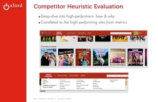 Competitor Heuristic Evaluation 
▪Deep-dive into high-performers- how & why 
▪Correlated to the high-performing sites from metrics 
GA: Content Sites l August 2014 
 