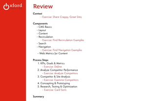 Review 
Context 
- Exercise: Share Crappy, Great Sites 
! 
Components 
- CMS Basics 
- Layout 
- Content 
- Recirculation 
- Exercise: Find Recirculation Examples 
- Search 
- Navigation 
- Exercise: Find Navigation Examples 
- Web Metrics for Content 
! 
Process Steps 
1. KPIs, Goals & Metrics 
- Exercise: Define 
2. Analyze Competitor Performance 
- Exercise: Analyze Competitors 
3. Competitor & Site Analysis 
- Exercise: Examine Competitors 
4. Concepting & Prototyping 
5. Research, Testing & Optimization 
- Exercise: Card Sorts 
! 
Summary 
GA: Content Sites l August 2014 
 