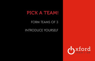 PICK A TEAM! 
FORM TEAMS OF 3 
INTRODUCE YOURSELF 
 