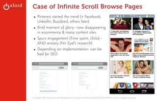 Case of Infinite Scroll Browse Pages 
▪ Pinterest started the trend (+ Facebook, 
LinkedIn, Buzzfeed, others later) 
▪ Brief moment of glory- now disappearing 
in ecommerce & many content sites 
▪ Spurs engagement (Time spent, clicks) - 
AND anxiety (Nir Eyal’s research) 
▪ Depending on implementation- can be 
bad for SEO 
buzzfeed, GA: Content http://Sites www.smashingmagazine.l August 2014 
com/wp-­‐content/uploads/2013/01/infinite-­‐scroll-­‐vs-­‐pagination.png 
 