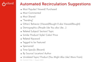 Automated Recirculation Suggestions 
▪ Most Popular/ Viewed/ Purchased 
▪ Most Commented 
▪ Most Shared 
▪ “Trending” 
▪ Others’ Behavior (Viewed/Bought X also Viewed/Bought) 
▪ Demographics (People Like You also Like…) 
▪ Related Subject/ Section/ Topic 
▪ Similar Product/ Style/ Color/ Price 
▪ Related Keyword 
▪ Tagged to be Featured 
▪ Sponsored 
▪ Time-Specific (Recent) 
▪ By Source/ Location/ Author 
▪ Unrelated Topic/ Product (You Might Also Like/ More From) 
GA: Content Sites l August 2014 
 