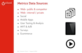Metrics Data Sources 
▪ Web- public & competitor 
▪ Web- internal / private 
▪ Social 
▪ Mobile Apps 
▪ User Testing & Analysis 
▪ MVT & A/B 
▪ Surveys 
▪ Ecommerce 
GA: Content Sites l August 2014 
 
