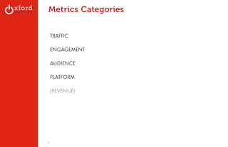 Metrics Categories 
TRAFFIC 
! 
ENGAGEMENT 
! 
AUDIENCE 
! 
PLATFORM 
! 
(REVENUE) 
GA: Content Sites l August 2014 
 