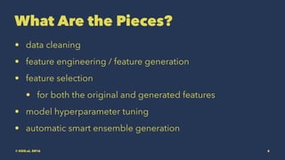 What Are the Pieces?
• data cleaning
• feature engineering / feature generation
• feature selection
• for both the original and generated features
• model hyperparameter tuning
• automatic smart ensemble generation
© H2O.ai, 2016 6
 