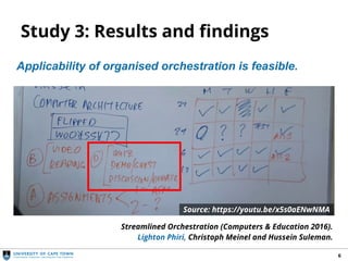 Study 3: Results and findings
6
Streamlined Orchestration (Computers & Education 2016).
Lighton Phiri, Christoph Meinel and Hussein Suleman.
Applicability of organised orchestration is feasible.
Source: https://youtu.be/x5s0aENwNMA
 