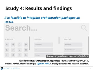 Study 4: Results and findings
7
Reusable Virtual Orchestration Appliances (WIP: Technical Report 2017).
Nabeel Parker, Morne Valentyn, Lighton Phiri, Christoph Meinel and Hussein Suleman.
It is feasible to integrate orchestration packages as
OERs.
Source: http://simba.cs.uct.ac.za/indefero
 