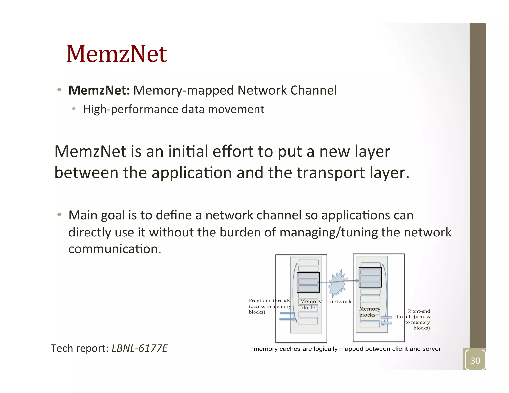 MemzNet	
  
•  MemzNet:	
  Memory-­‐mapped	
  Network	
  Channel	
  	
  
•  High-­‐performance	
  data	
  movement	
  
	
  
MemzNet	
  is	
  an	
  iniMal	
  eﬀort	
  to	
  put	
  a	
  new	
  layer	
  
between	
  the	
  applicaMon	
  and	
  the	
  transport	
  layer.	
  
•  Main	
  goal	
  is	
  to	
  deﬁne	
  a	
  network	
  channel	
  so	
  applicaMons	
  can	
  
directly	
  use	
  it	
  without	
  the	
  burden	
  of	
  managing/tuning	
  the	
  network	
  
communicaMon.	
  
	
  
30	
  
Tech	
  report:	
  LBNL-­‐6177E	
  
 