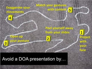Avoid a DOA presentation by…
Project
with
your
face
Peel yourself away
from your slides
Open up
your posture
Exaggerate your
movements
Match your gestures
with content
 