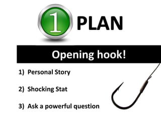 Opening hook!
1) Personal Story
2) Shocking Stat
3) Ask a powerful question
 