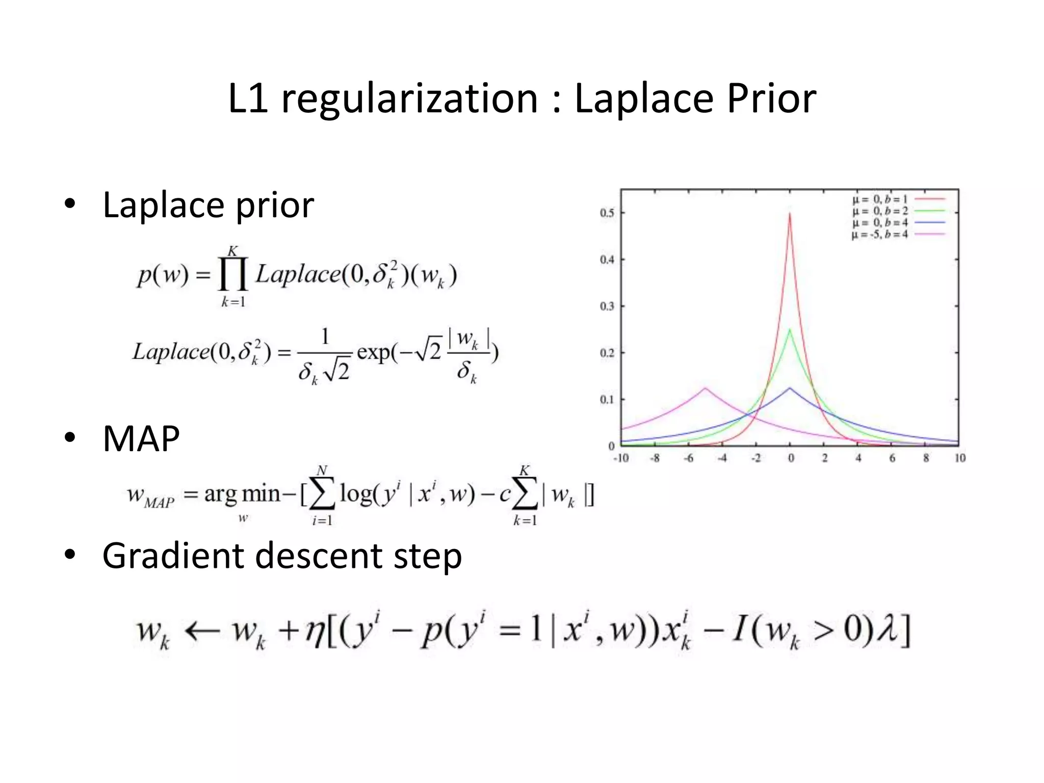 L1	
  regulariza7on	
  :	
  Laplace	
  Prior	
  	
  
•  Laplace	
  prior	
  

•  MAP	
  
	
  
•  Gradient	
  descent	
  step	
  

 
