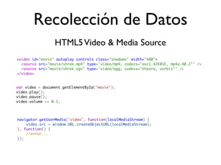 Recolección de Datos
                 HTML5 Video & Media Source
<video id="movie" autoplay controls class="shadows" width="480">
  <source src="movie/shrek.mp4" type='video/mp4; codecs="avc1.42E01E, mp4a.40.2"' />
  <source src="movie/shrek.ogv" type='video/ogg; codecs="theora, vorbis"' />
</video>


var video = document.getElementById('movie');
video.play();
video.pause();
video.volume += 0.1;



navigator.getUserMedia('video', function(localMediaStream) {
    video.src = window.URL.createObjectURL(localMediaStream);
}, function() {
    //error...
});
 