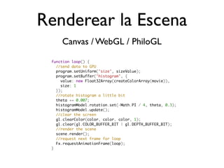 Renderear la Escena
       Canvas / WebGL / PhiloGL

   function loop() {
     //send data to GPU
     program.setUniform('size', sizeValue);
     program.setBuffer('histogram', {
       value: new Float32Array(createColorArray(movie)),
       size: 1
     });
     //rotate histogram a little bit
     theta += 0.007;
     histogramModel.rotation.set(-Math.PI / 4, theta, 0.3);
     histogramModel.update();
     //clear the screen
     gl.clearColor(color, color, color, 1);
     gl.clear(gl.COLOR_BUFFER_BIT | gl.DEPTH_BUFFER_BIT);
     //render the scene
     scene.render();
     //request next frame for loop
     Fx.requestAnimationFrame(loop);
   }
 