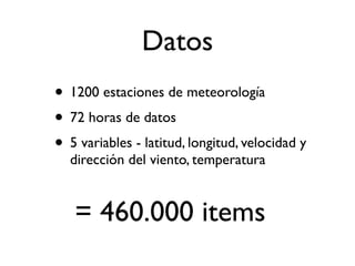 Datos
• 1200 estaciones de meteorología
• 72 horas de datos
• 5 variables - latitud, longitud, velocidad y
  dirección del viento, temperatura


   = 460.000 items
 