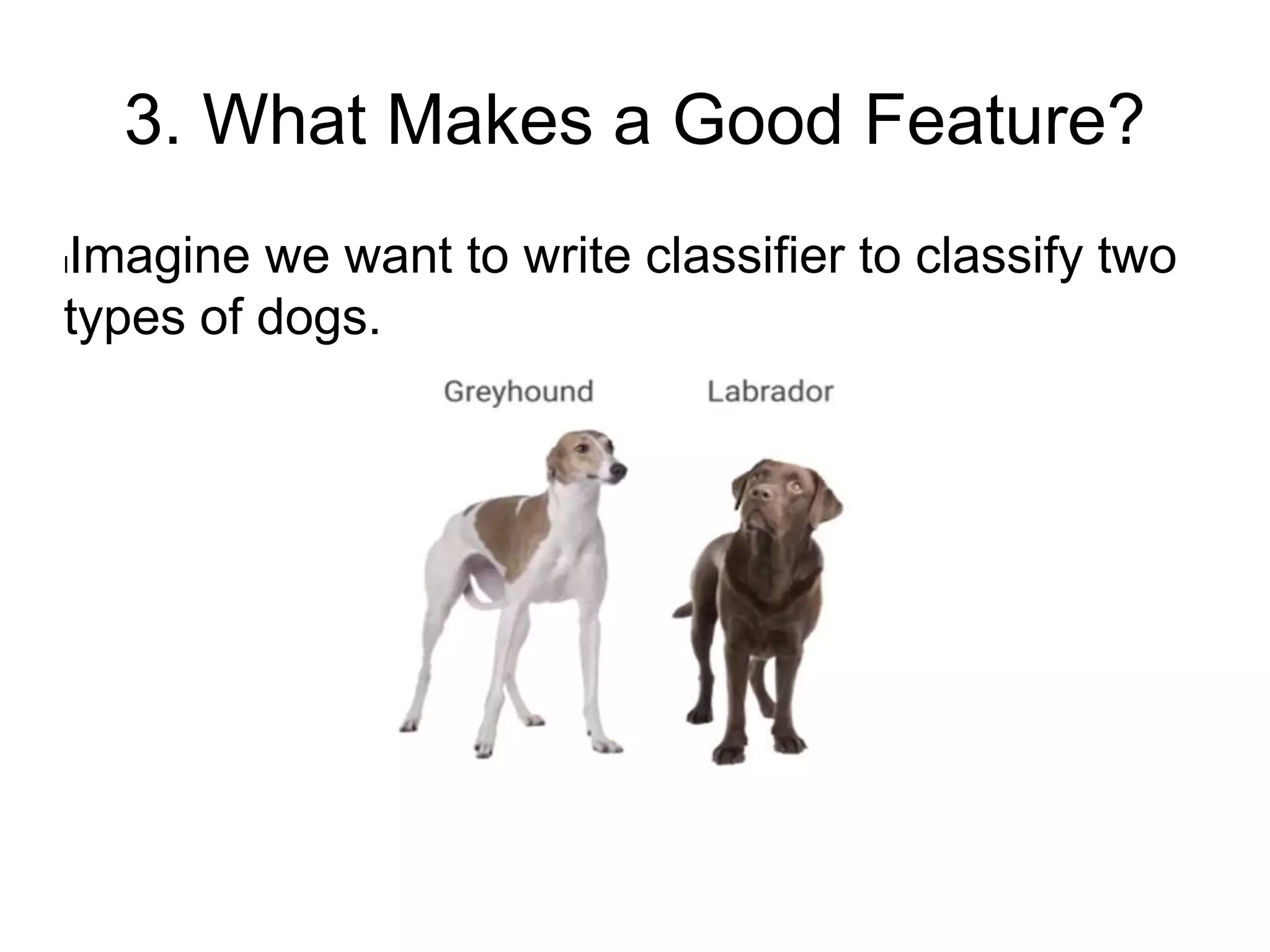 3. What Makes a Good Feature?
lImagine we want to write classifier to classify two
types of dogs.
 
