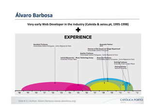 Álvaro	
  Barbosa	
  
             Very	
  early	
  Web	
  Developer	
  in	
  the	
  industry	
  (Caleida	
  &	
  aeiou.pt,	
  1995-­‐1998)	
  




 Slide	
  #	
  3	
  /	
  Author:	
  Álvaro	
  Barbosa	
  (www.abarbosa.org)	
  
 