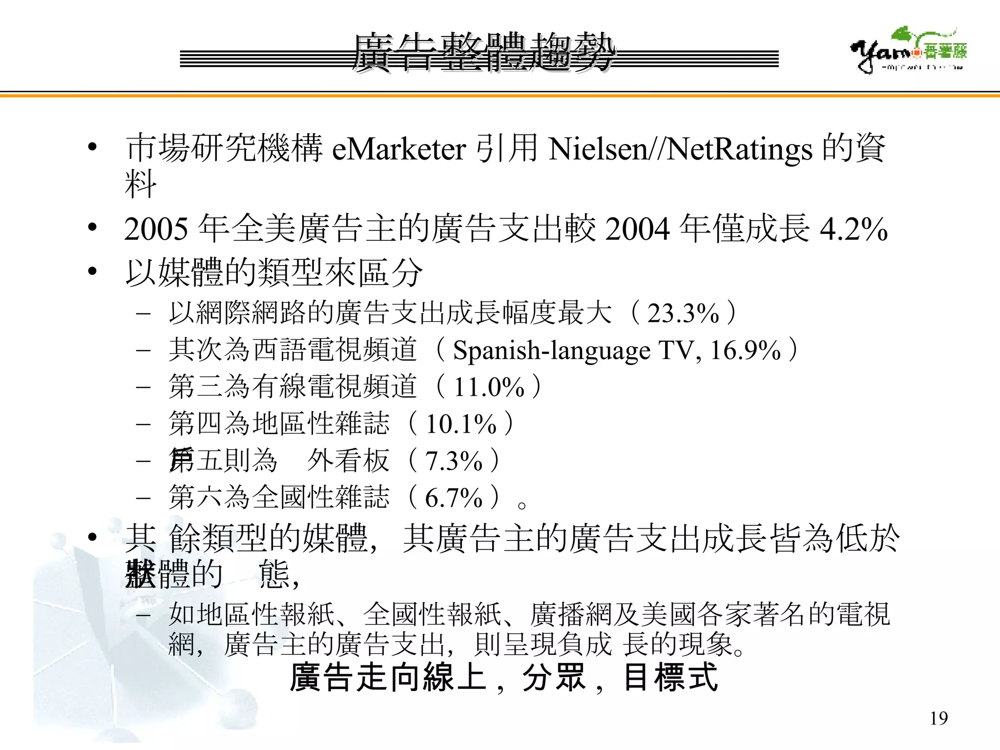 廣告整體趨勢 市場研究機構 eMarketer 引用 Nielsen//NetRatings 的資料 2005 年全美廣告主的廣告支出較 2004 年僅成長 4.2% 以媒體的類型來區分 以網際網路的廣告支出成長幅度最大（ 23.3% ） 其次為西語電視頻道（ Spanish-language TV, 16.9% ） 第三為有線電視頻道（ 11.0% ） 第四為地區性雜誌（ 10.1% ） 第五則為戶外看板（ 7.3% ） 第六為全國性雜誌（ 6.7% ）。 其 餘類型的媒體，其廣告主的廣告支出成長皆為低於整體的狀態， 如地區性報紙、全國性報紙、廣播網及美國各家著名的電視網，廣告主的廣告支出，則呈現負成 長的現象。  廣告走向線上 ,  分眾 ,  目標式 