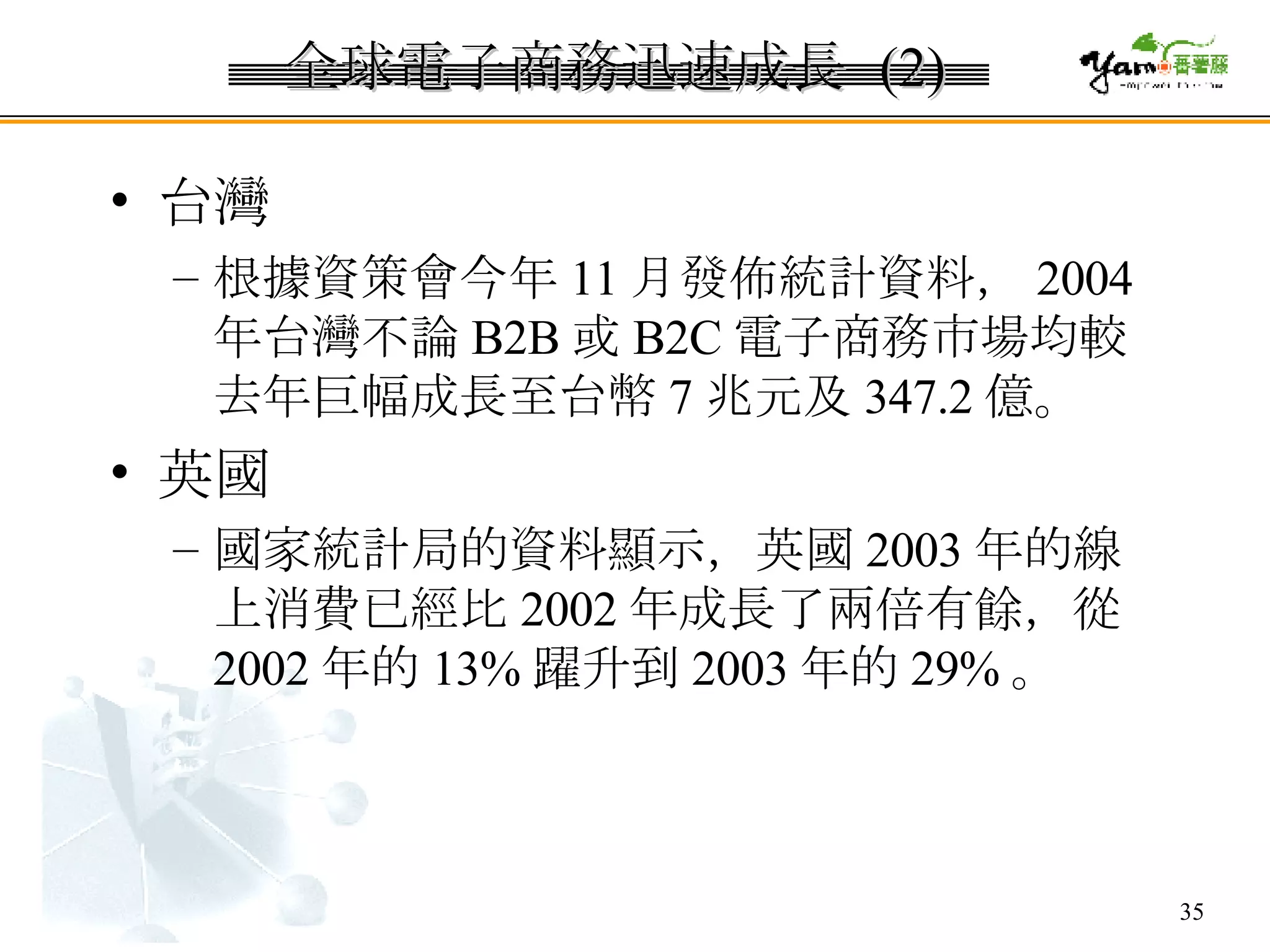 全球電子商務迅速成長  (2) 台灣 根據資策會今年 11 月發佈統計資料， 2004 年台灣不論 B2B 或 B2C 電子商務市場均較去年巨幅成長至台幣 7 兆元及 347.2 億。 英國 國家統計局的資料顯示，英國 2003 年的線上消費已經比 2002 年成長了兩倍有餘，從 2002 年的 13% 躍升到 2003 年的 29% 。 