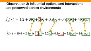 Observation 2: Inﬂuential options and interactions
are preserved across environments
̂fs( ⋅ ) = 1.2 + 3o1 + 5o3 + 0.9o7 + 0.8o3o7 + 4o1o3o7
̂ft( ⋅ ) = 10.4 − 2.1o1 + 1.2o3 + 2.2o7 + 0.1o1o3 − 2.1o3o7 + 14o1o3o7
 