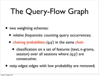 The Query-Flow Graph

       • two weighting schemes:
        • relative frequencies: counting query occurrences;
        • chaining probabilities: (q,q’) in the same chain
          • classiﬁcation on a set of features (text, n-grams,
                        session) over all sessions where (q,q’) are
                        consecutive;
       • noisy edges: edges with low probability are removed;
martedì 4 maggio 2010
 