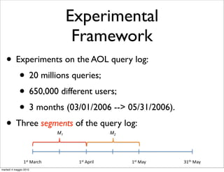 Experimental
                                   Framework
   • Experiments on the AOL query log:
      • 20 millions queries;
      • 650,000 different users;
      • 3 months (03/01/2006 --> 05/31/2006).
   • Three segments of the query log:
                             M1                 M2




                !"#$%&'()$         !"#$*+',-$        !"#$%&.$   /!#)$%&.$
martedì 4 maggio 2010
 